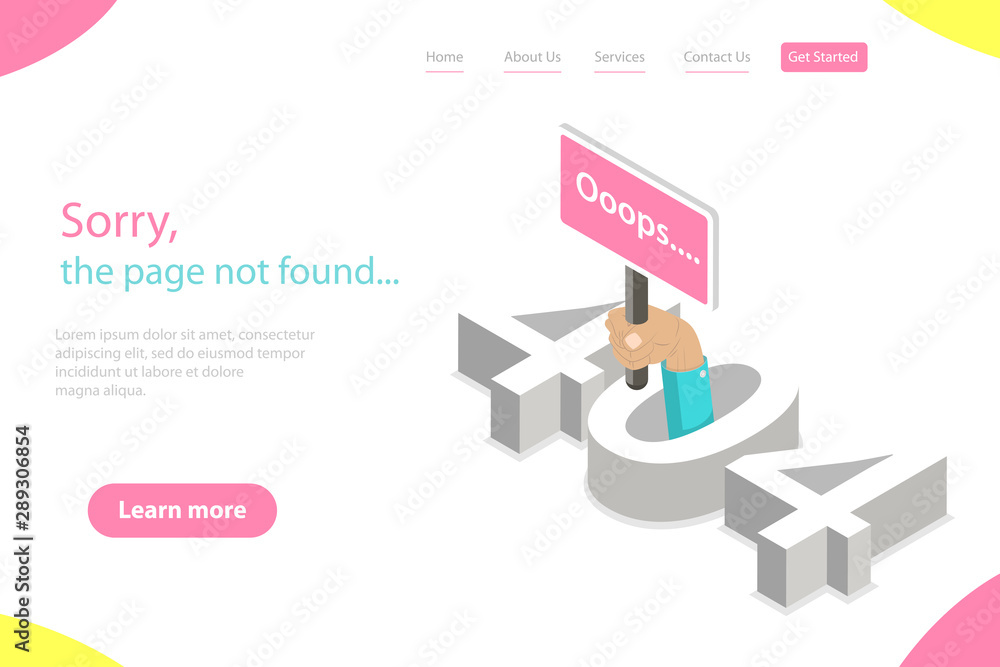 Poster isometric flat vector landing page tempate of 404 error, page not found, loss of connection, webpage