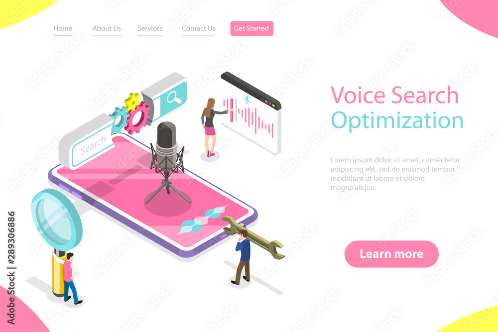Poster isometric flat vector landing page template of voice search optimization, voice commands, seo, keywo