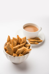 Namakpare or Salty Shakarpara/shakarpare or namkeen Shankarpali, popular diwali food or tea-time snack from Gujarat, India