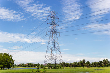 High voltage transmission towers for supplying electricity in the city with blue sky Bangkok...