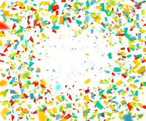 Celebration background with confetti. Holiday illustration with flying colorful particles of paper from cracker on white background