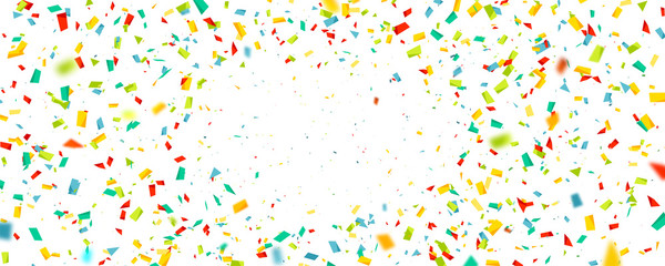 Celebration background with confetti. Holiday illustration with flying colorful particles of paper from cracker on white background