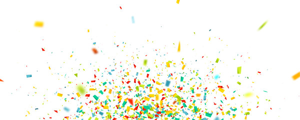 Celebration background with confetti. Holiday illustration with flying colorful particles of paper from cracker on white background - obrazy, fototapety, plakaty