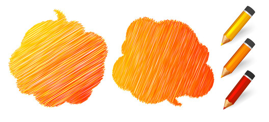 Speech bubbles draw pencils. Hand drawn doodles banners with place for quotes on white background. Two orange sketch clouds, lines stroke and scribble. Vector illustration