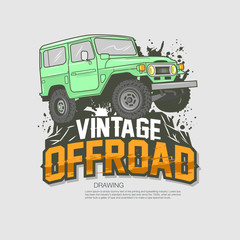 Offroad jeep vector drawing illustration. Good for t-shirt design or any material printing vintage and retro lover. - obrazy, fototapety, plakaty
