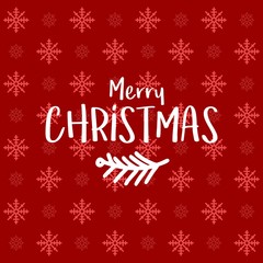 Naklejka na ściany i meble Merry Christmas greeting card with handwritten text on red background snowflakes pattern. EPS10 vector