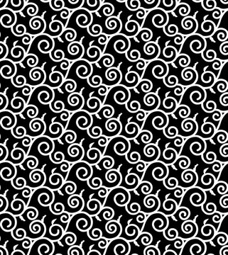 Karakusa Japanese traditional black and white color pattern. Winding plant seamless decorative background.