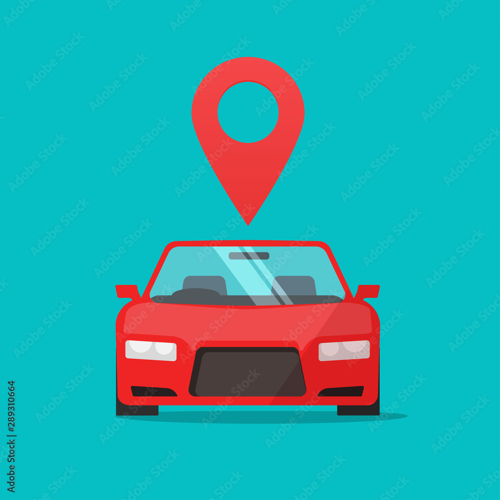Poster automobile with map pointer vector sign, flat cartoon car or auto with location pin, concept of rent