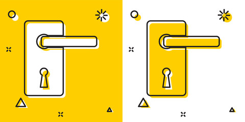 Black Door handle icon isolated on yellow and white background. Door lock sign. Random dynamic shapes. Vector Illustration