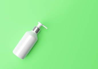 Cosmetic bottle with pump for liquid. Beauty mockup isolated on green background