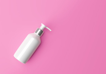 Cosmetic bottle with pump for liquid. Beauty mockup isolated on pink background