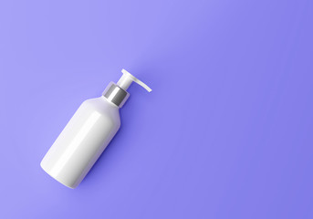Cosmetic bottle with pump for liquid. Beauty mockup isolated on violet background