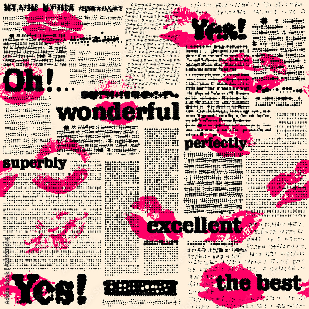 Poster seamless background pattern. imitation of halftone newspaper with worlds wonderful, exellent and yes