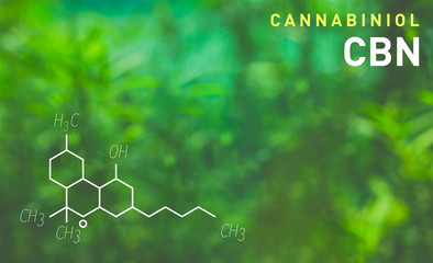 CBN molecular formula. Cannabinol molecule structure on green background.