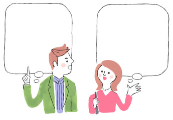 話し合う若いカップル　ふきだし
