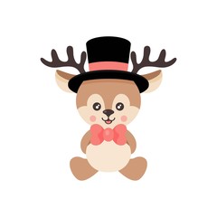 cartoon cute deer with hat and tie sitting vector