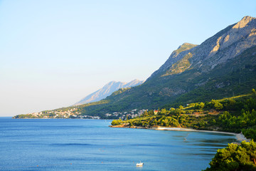 View from tourist resort Gradac on Adriatic coast with village Brist and Podaca. Makarska...