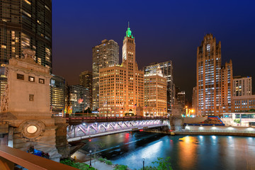 Chicago Downtown and river with Du Sable bridge at night, Chicago, Illinois, USA.