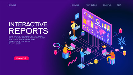 interactive reports web banner. People interacting with analyzing statistics and  charts. Workflow and business management. 3D vector isometric illustration. - obrazy, fototapety, plakaty