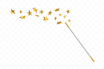 Magic wand with 3d stars on transparent background. Trace of gold dust. Magic abstract background isolated. Miracle and magic. Vector illustration. - obrazy, fototapety, plakaty