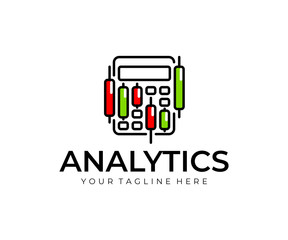 Stock market accounting logo design. Stock market graphs analysis vector design. Trading candlesticks and calculator logotype