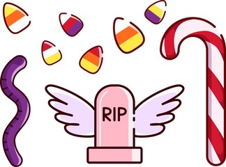 Collection of Halloween candies and grave with wings in kawaii style