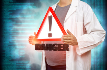 Pregnant white woman scientist holding a red danger triangle warning sign on a blurred blue digital background 3d rendering. Concept for genetic engineering, overmedication and risk to the unborn.