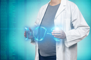 Pregnant white woman scientist holding dna molecule on a modern blue virtual screen interface 3d rendering. Genetic engineering and gene manipulation concept. Innovative technologies in medicine.