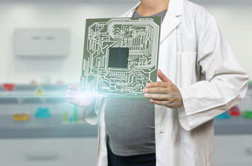 Pregnant white woman scientist holding computer microchip on a blurred laboratory background 3d rendering. Processor circuit board, concept for transhumanism, implant and augmented reality.