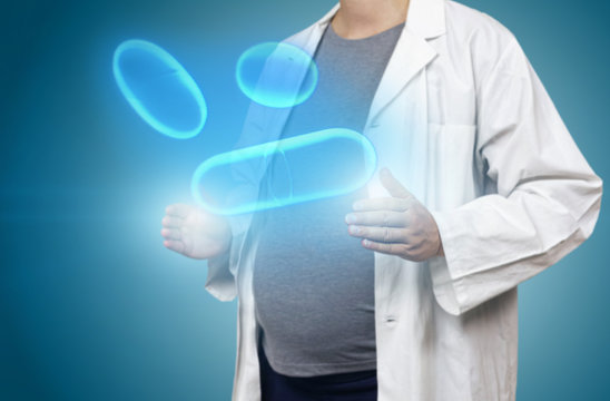 Pregnant white woman doctor giving x-ray hologram pills and medics on a blue gradient background 3d rendering. Biotech, biology and science concept with modern virtual screen interface.