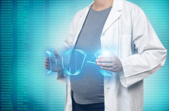 Pregnant white woman scientist holding dna molecule on a modern blue virtual screen interface 3d rendering. Genetic engineering and gene manipulation concept. Innovative technologies in medicine.