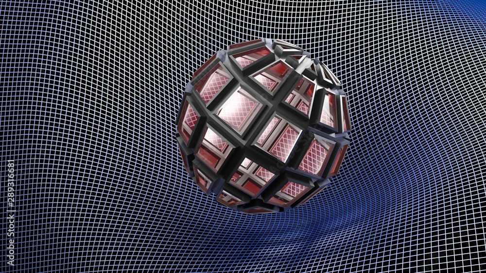 Poster abstract embossed metallic chrome and red glass object on a deformed grid surface - 3d rendering ill