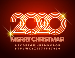 Vector greeting card Merry Christmas 2020! Bright illuminated Alphabet Letters and Numbers. Neon Font. 