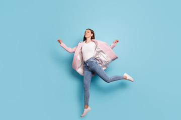 Full length photo of charming cute girl jump run for bargains on her holiday wear pink topcoat...