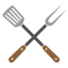 crossed kitchen utensils, grill fork and slotted spatula, vector illustration