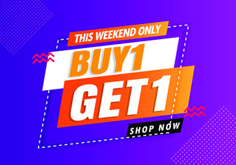 Buy 1 Get 1 free sale banner template purple and orange.