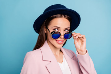 Close up photo of interested woman touch her retro vintage specs look want flirt handsome guy wear...