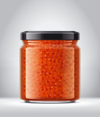 Glass Jar with Caviar on Background. 