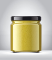 Glass Jar with Mustard on Background. 