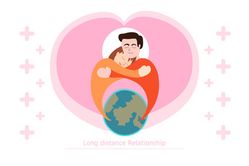 Lover with Long distance relationship sending thinking of hearts over the world. Drawing vector illustration design like a logo suitable for wedding invitation card or Valentines's day.