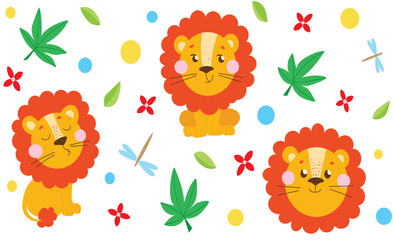 Cute colorful lion pattern with leaves and dragonflies