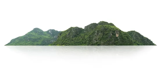 Zelfklevend Fotobehang rots berg heuvel met groen bos isoleren op witte achtergrond © lovelyday12