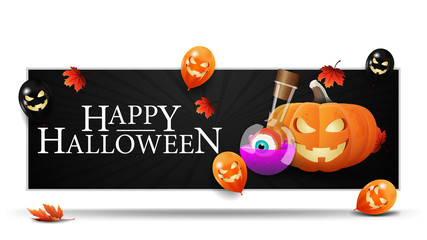 Happy Halloween, horizontal black greeting card with Halloween balloons, pumpkin Jack and witch's potion