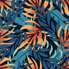 Colorful abstract seamless pattern with Hawaiian plants and leaves on blue background. Botanical style. Patterned tropical leaves. Original exotic background and ornament. Print, fabric, Wallpaper.