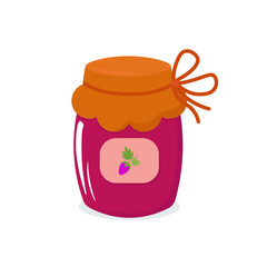 Vector graphics. Bright, cartoon illustration of a jam bottle. Simple pink jam bottle. White background. Auutmnal harvest illustration. 