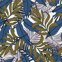Colorful abstract seamless pattern with Hawaiian plants and leaves on a light background. Botanical style. Green tropical leaves. Floral background. Printing, textiles, fabric, Wallpaper.