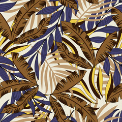 Summer colorful Hawaiian seamless pattern with tropical plants. Botanical ornament on white background. Yellow and purple exotic leaves. Beautiful pattern in the original style.