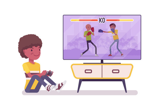 Boy child 7, 9 years old, console gaming black male school age kid. Schoolboy at screen, enjoys playing video games, free time fun. Vector flat style cartoon illustration isolated, white background