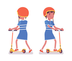 Girl child 7, 9 year old, school age black kid riding kick scooter. Active schoolgirl enjoys pushing sport vehicle. Vector flat style cartoon illustration isolated, white background, front, rear view