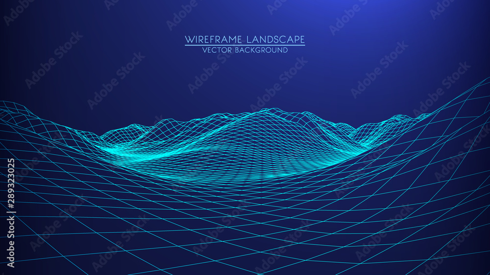 Poster vector retro futuristic background. abstract digital landscape with particles dots and stars on hori